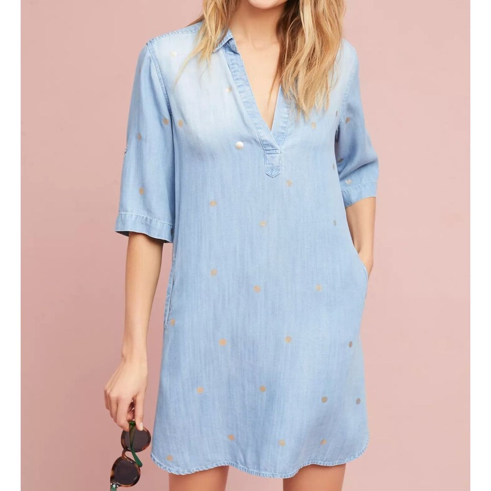 Anthro Cloth & Stone Chambray Denim V-Neck Shirt Dress XS Preppy Lagenlook Artsy